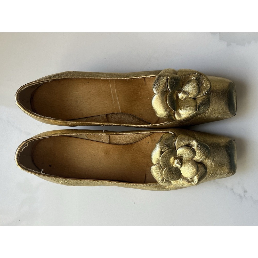 Vtg Socialites Gold Metallic Leather Ballet Flats Flower Square Toe 7.5 SAAAA